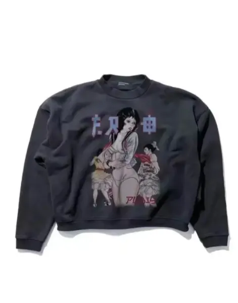 Design Manga Print Cropped Sweatshirt Black Hoodie - 5