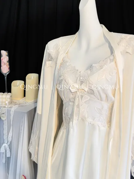 Design QINGMU Lace-Embroidered Sheer Robe Set in Light Blue Sleepwear - 9