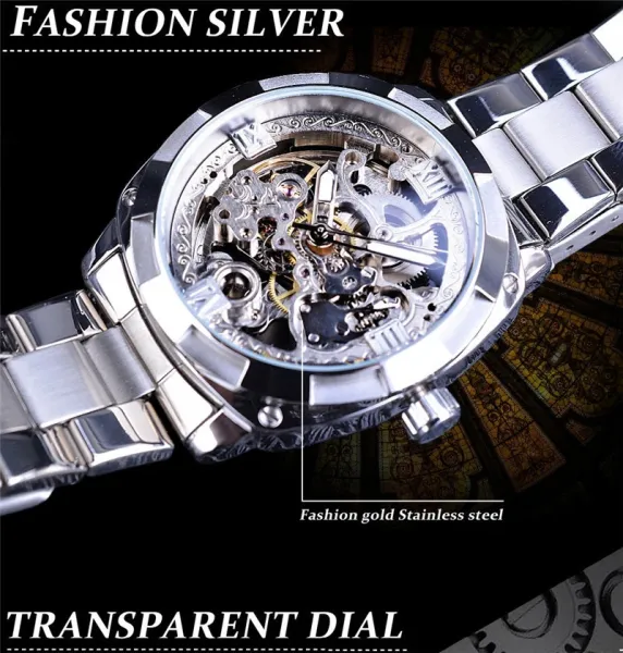 Design FORSINING Skeleton Mechanical Watch Black Steel Watches - 16