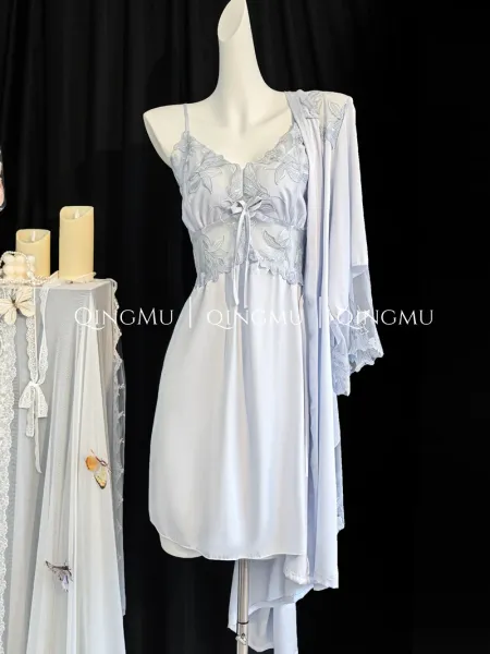Design QINGMU Lace-Embroidered Sheer Robe Set in Light Blue Sleepwear - 21