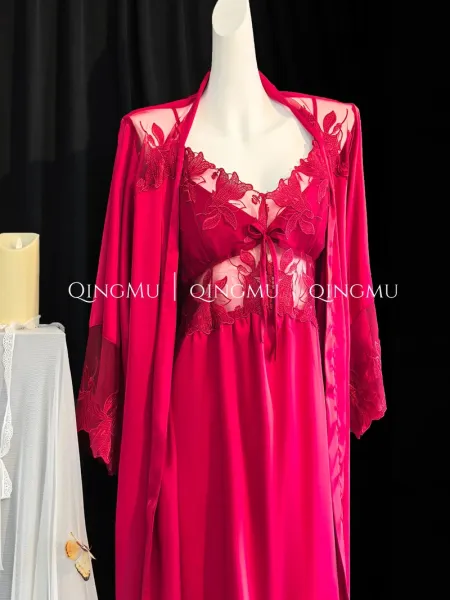 Design QINGMU Lace-Embroidered Sheer Robe Set in Light Blue Sleepwear - 28