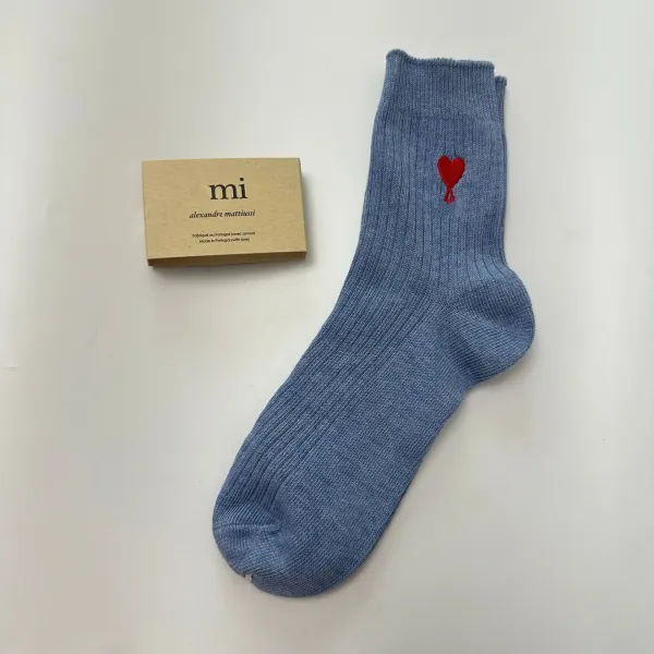 AMI Paris Heart Embroidered Socks Blue - 1