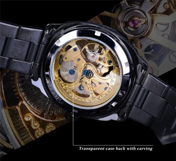 Design FORSINING Skeleton Mechanical Watch Black Steel Watches - 22