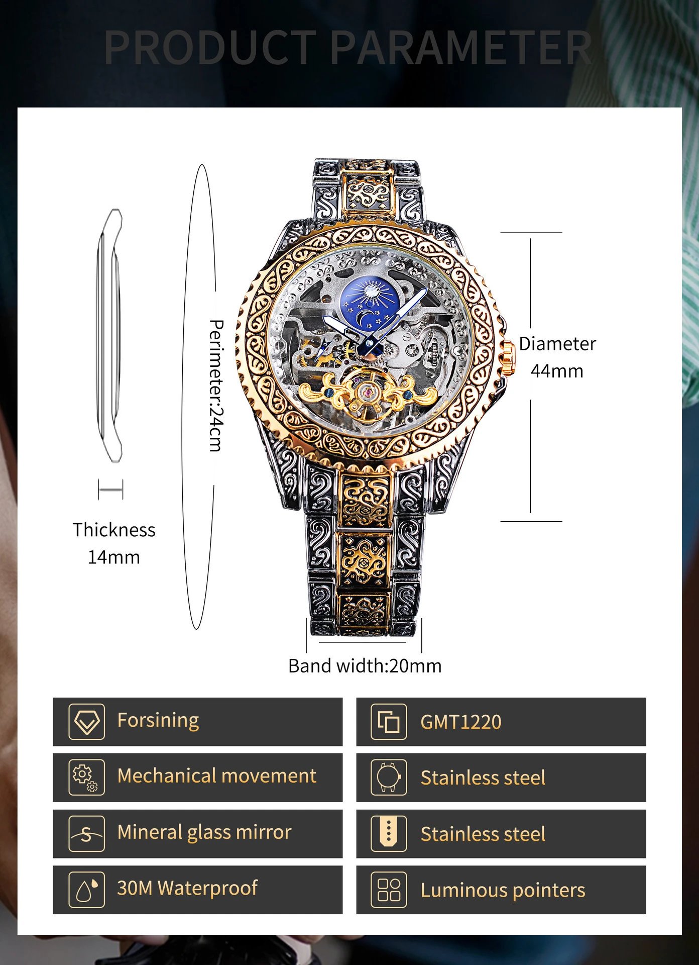 Design Forsining Skeleton Moon Phase Mechanical Watch Gold Silver Blue Watches - 7