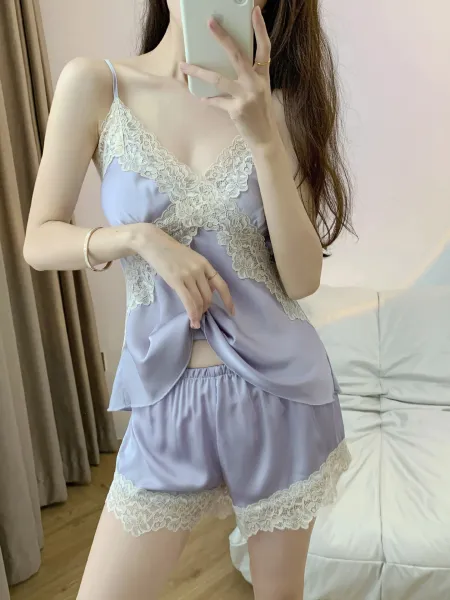 Design Lace-Trimmed Satin Sleepwear Set Black - 5