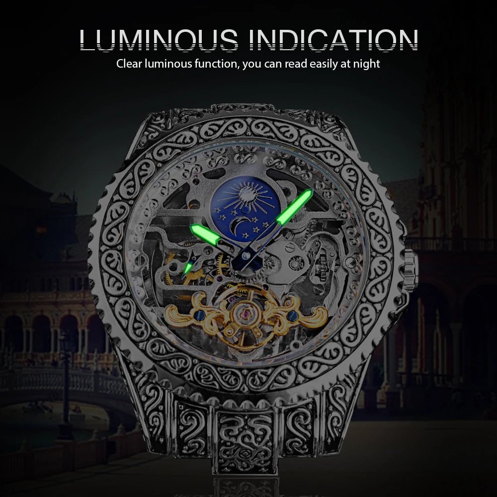 Design Forsining Skeleton Moon Phase Mechanical Watch Gold Silver Blue Watches - 19