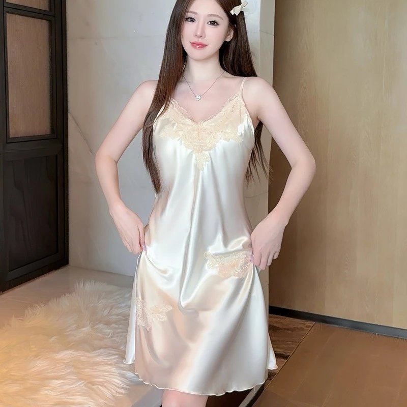 Design Lace-Embroidered Satin Slip Dress Beige Sleepwear - 23