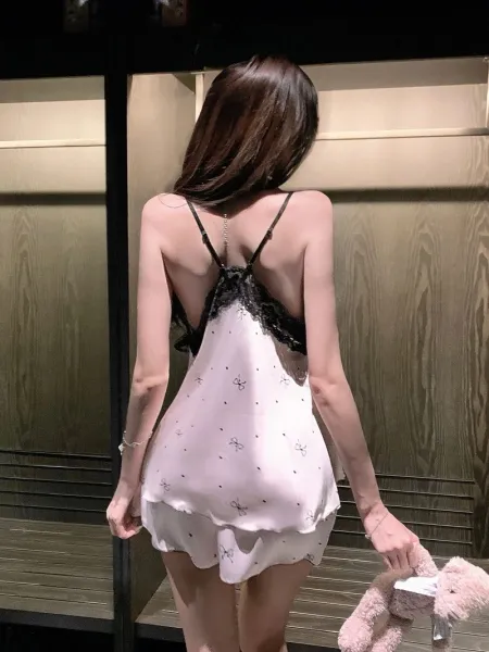 Design Lace Trim Satin Camisole Set Beige Sleepwear - 7