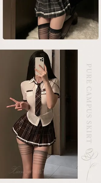 Design Campus Skirt Set White + Red Plaid Shirt, Tie, and Chest Badge - 13