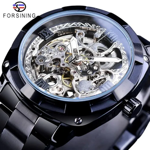 Design FORSINING Skeleton Mechanical Watch Black Steel Watches - 1