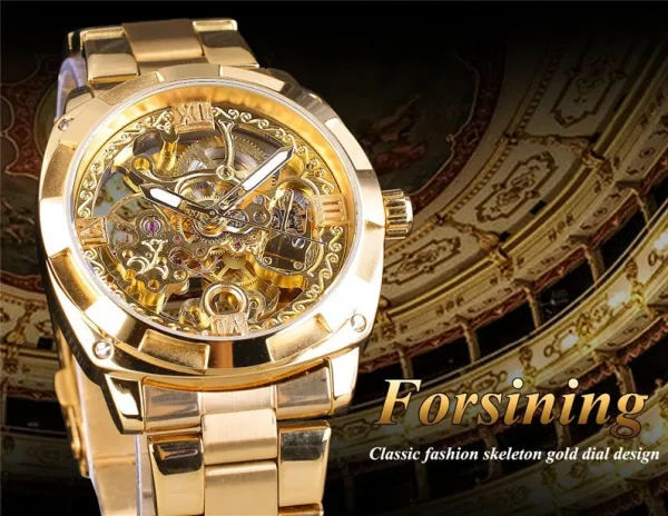 Design FORSINING Skeleton Mechanical Watch Black Steel Watches - 5