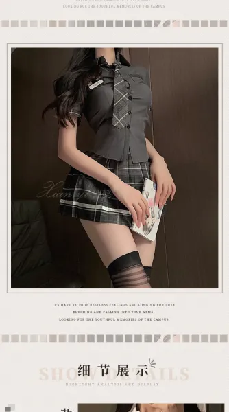 Design Campus Skirt Set White + Red Plaid Shirt, Tie, and Chest Badge - 7