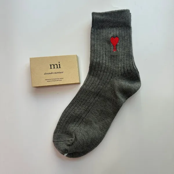 AMI Paris Mi by Alexandre Mattiussi Heart Embroidered Gray Socks - 1
