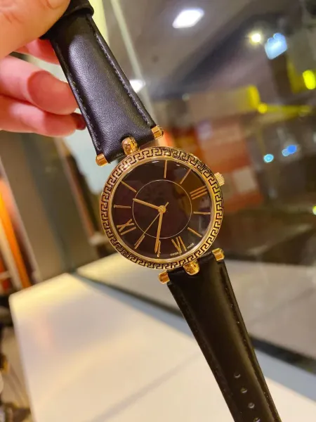 Versace Greca Pattern Gold-Plated Quartz Watch with Black Leather Strap Watches - 5