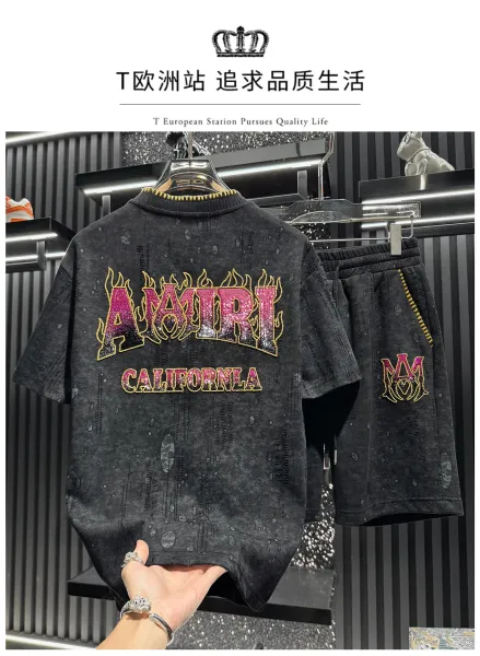 Amiri Flame Logo Washed Black T-Shirt and Shorts Set - 2