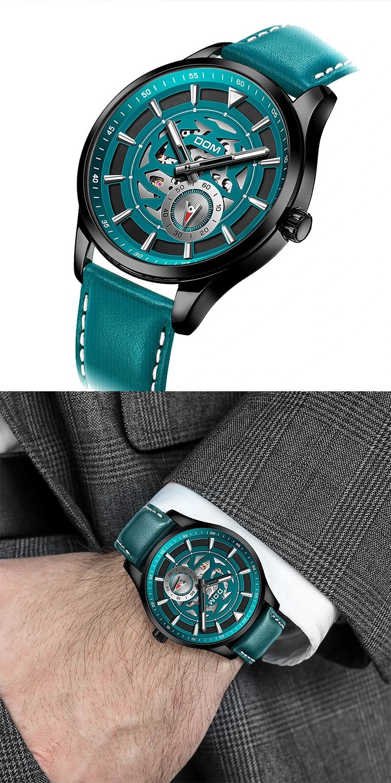 Design DOM Skeleton Watch Teal Leather Strap Mechanical Watch Watches - 17
