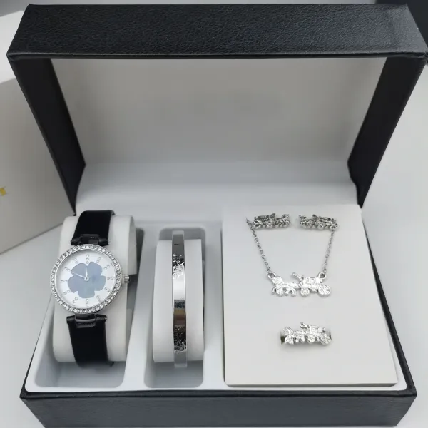 Design Floral Dial Watch and Carriage Motif Jewelry Set Black Silver - 1