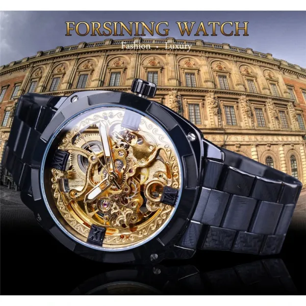 Design FORSINING Skeleton Mechanical Watch Black Steel Watches - 20