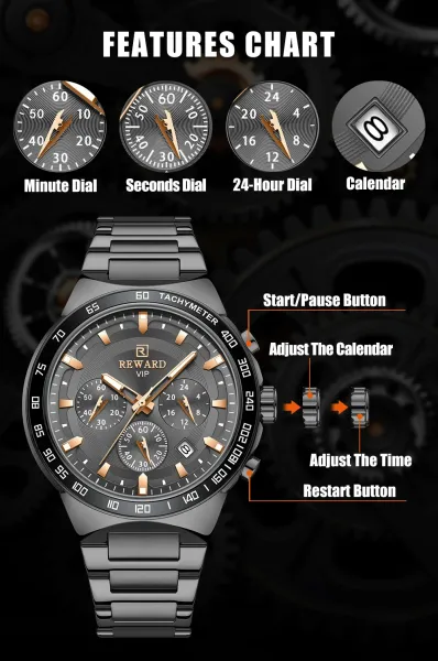 Design Reward VIP Chronograph Silver Dial Blue Bezel Stainless Steel Watch Watches - 7