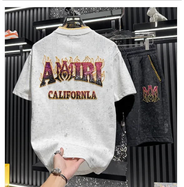 Amiri Flame Logo Washed Black T-Shirt and Shorts Set - 7