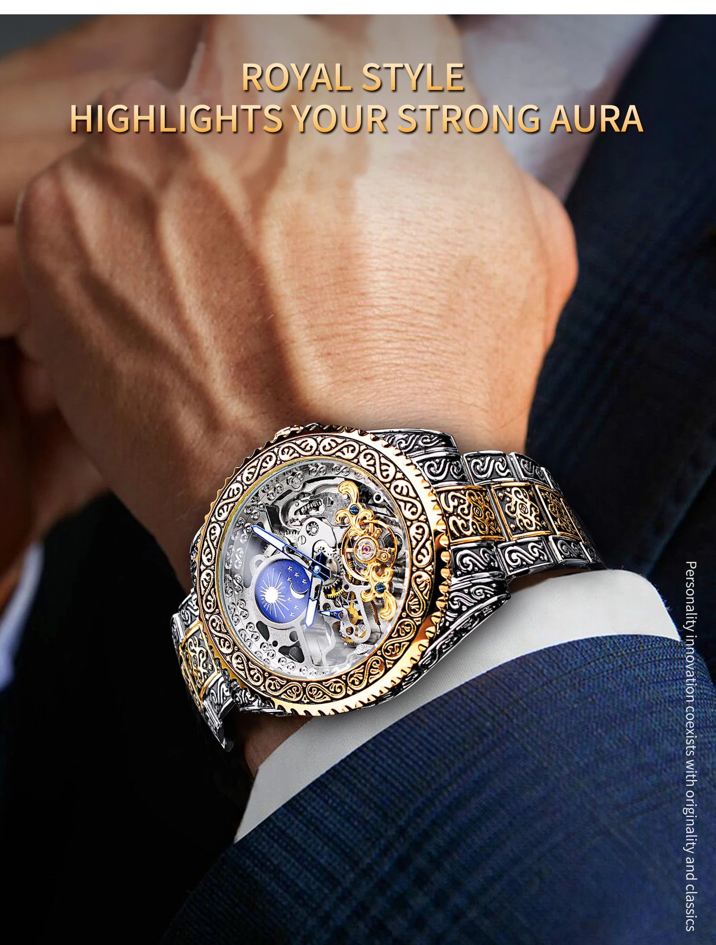 Design Forsining Skeleton Moon Phase Mechanical Watch Gold Silver Blue Watches - 5