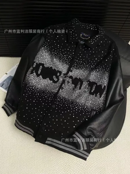 Design Varsity Jacket with Crystal Gradient and Leather Sleeves Black Outerwear Jacket - 1