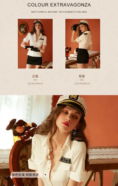 Design Police Uniform Style Shirt and Mini Skirt Set with Sheer Open-Crotch Thigh-High Stockings - 6