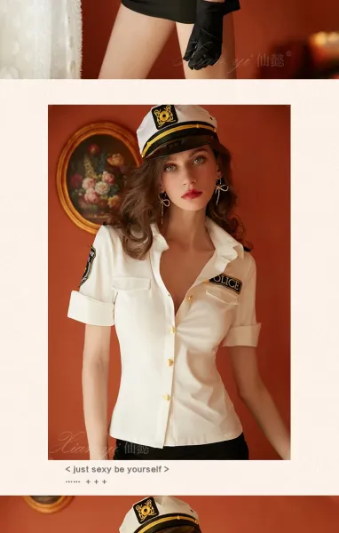 Design Police Uniform Style Shirt and Mini Skirt Set with Sheer Open-Crotch Thigh-High Stockings - 10