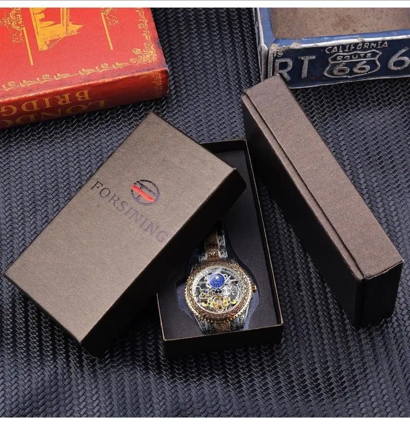 Design Forsining Skeleton Moon Phase Mechanical Watch Gold Silver Blue Watches - 13