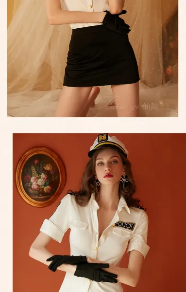 Design Police Uniform Style Shirt and Mini Skirt Set with Sheer Open-Crotch Thigh-High Stockings - 17
