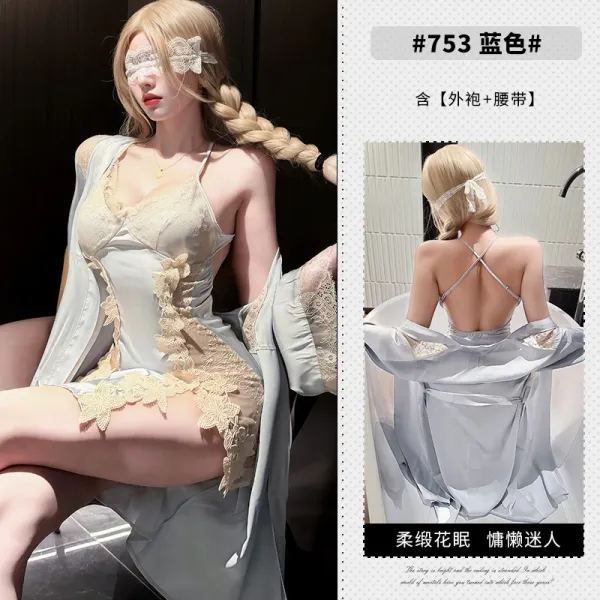 Design #753 Blue Lace Trim Sleepwear Set with Robe and Waistband - 1