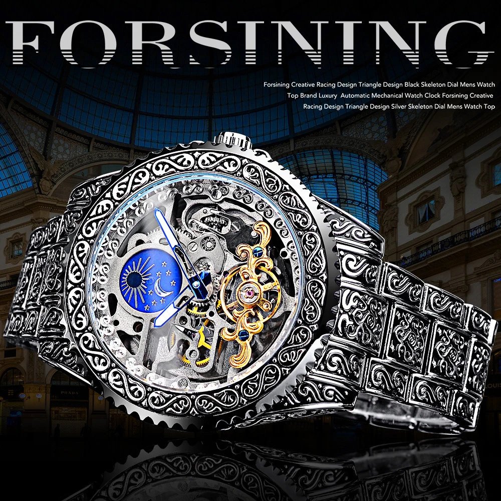 Design Forsining Skeleton Moon Phase Mechanical Watch Gold Silver Blue Watches - 15