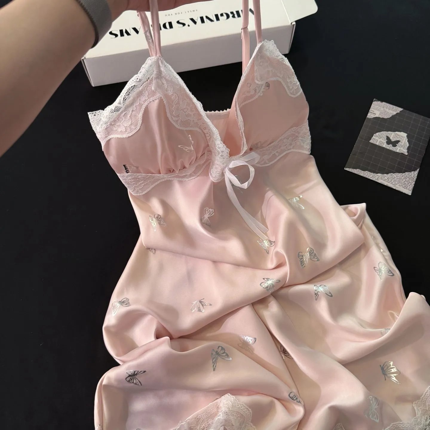 Design Virginia's Dreams Butterfly Lace Trim Satin Slip Dress Sleepwear - 7