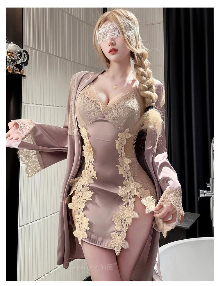Design #753 Black Lace-Trimmed Satin Chemise with Floral Appliqué Underwear - 12