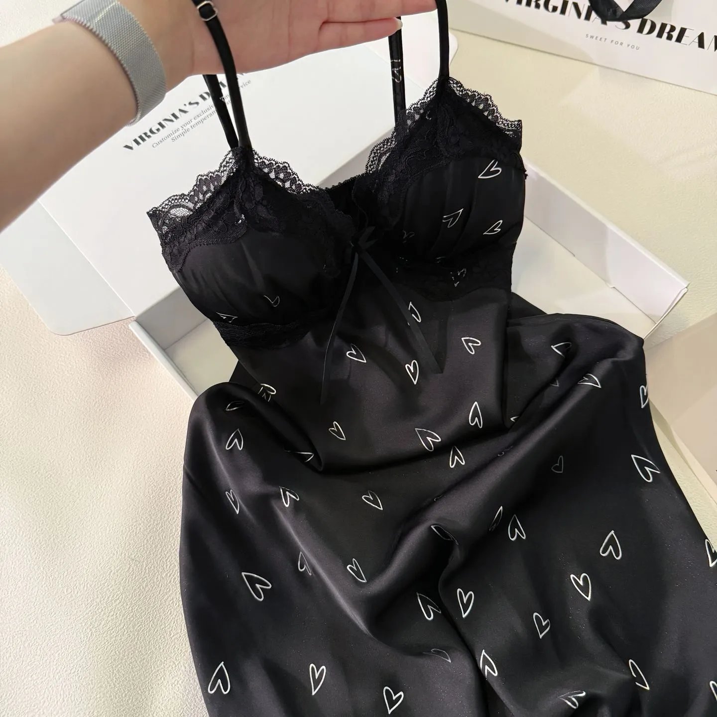 Design Virginia's Dreams Butterfly Lace Trim Satin Slip Dress Sleepwear - 30