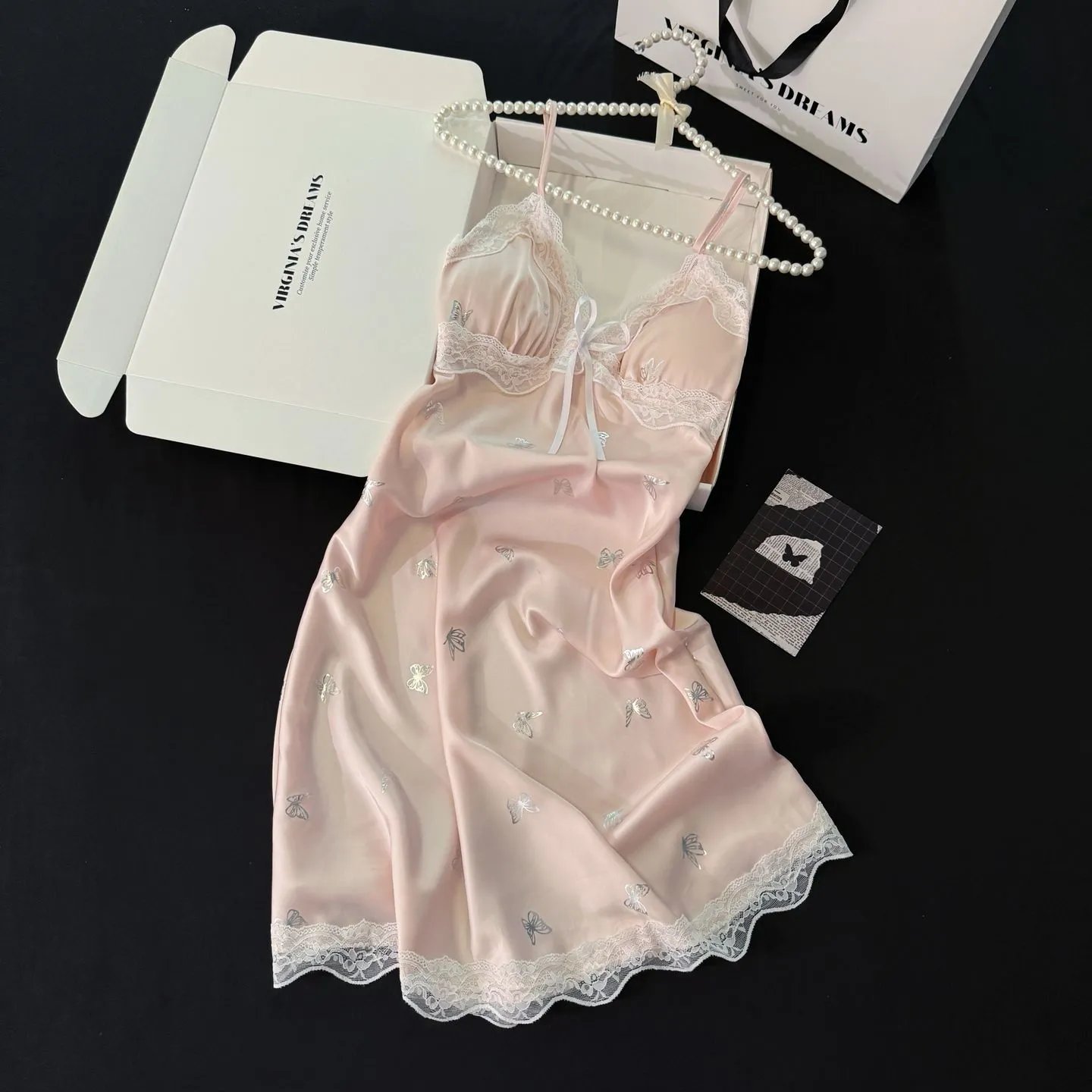Design Virginia's Dreams Butterfly Lace Trim Satin Slip Dress Sleepwear - 5