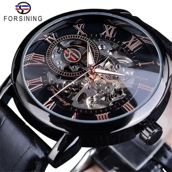 Design FORSINING Skeleton Mechanical Watch Black Rose Gold Leather Strap Watches - 1