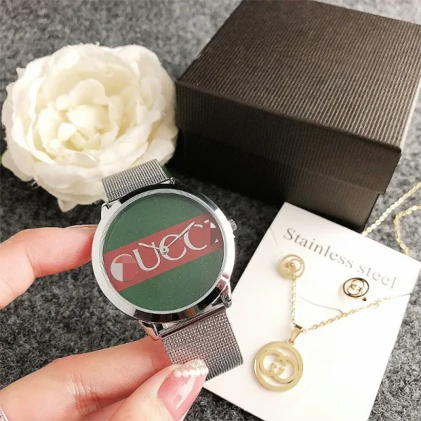Gucci GG Marmont Green Red Stripe Stainless Steel Mesh Watch and Jewelry Set Watches - 4