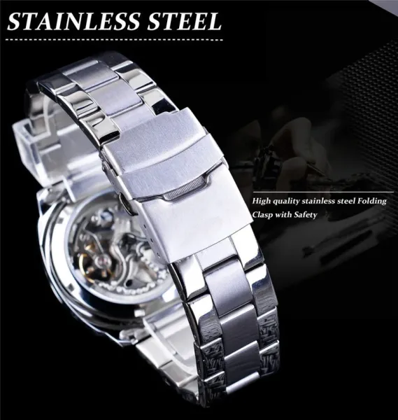 Design FORSINING Skeleton Mechanical Watch Black Steel Watches - 15