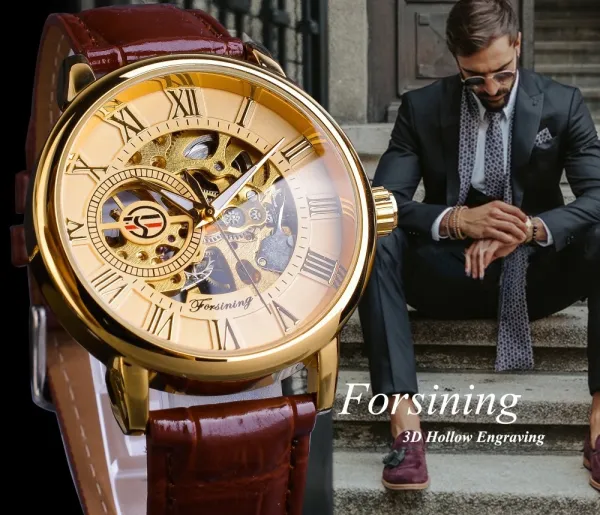 Design Fosining Skeleton Mechanical Watch Gold White Leather Strap Watches - 21