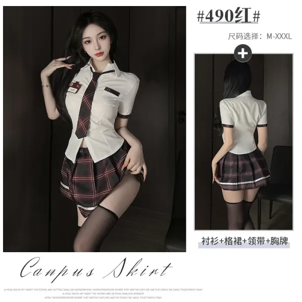 Design Campus Skirt Set White + Red Plaid Shirt, Tie, and Chest Badge - 1
