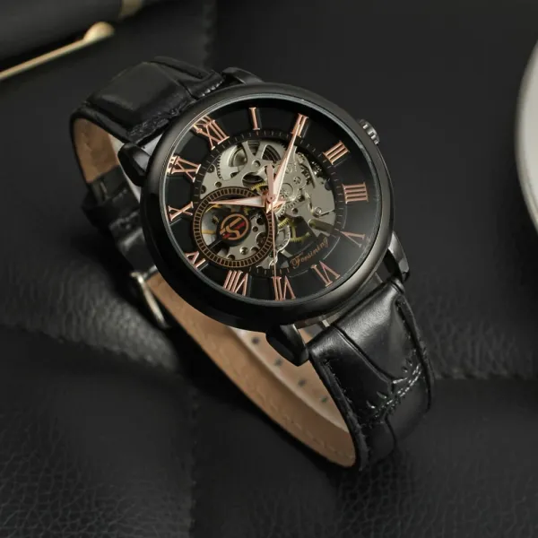 Design Fosining Skeleton Mechanical Watch Gold White Leather Strap Watches - 29