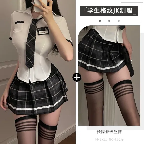 Design Student Plaid JK Uniform Set with Striped Thigh-High Socks - 1