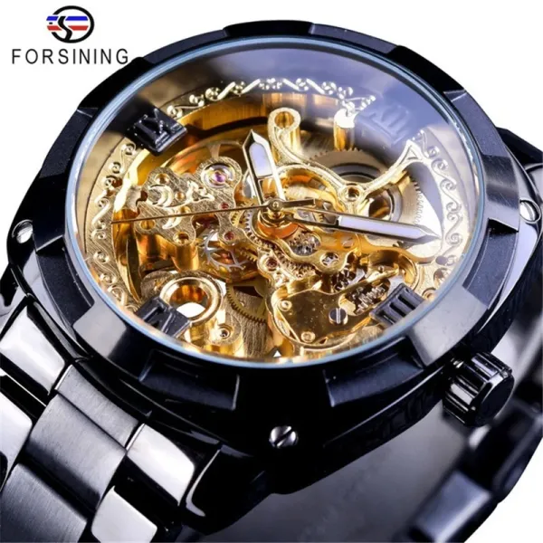 Design FORSINING Skeleton Mechanical Watch Black Steel Watches - 19