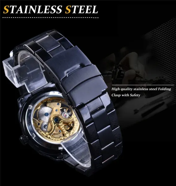 Design FORSINING Skeleton Mechanical Watch Black Steel Watches - 26