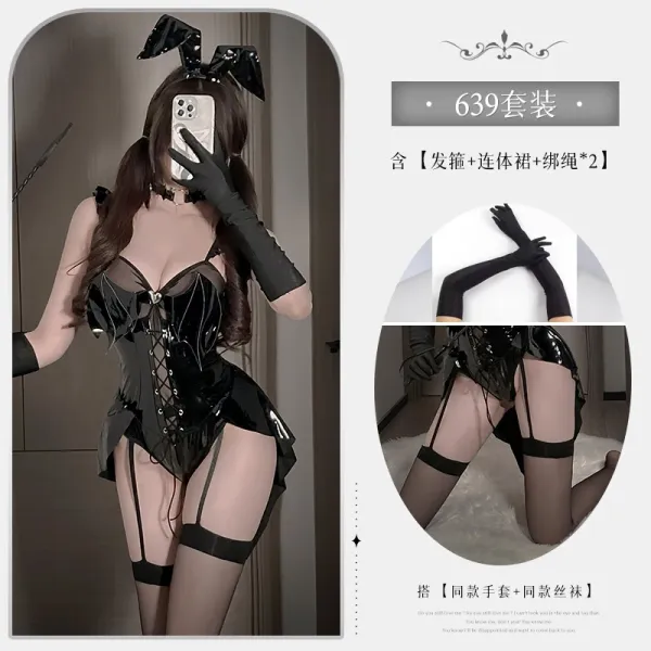 Design 639 Bunny Latex Corset Set Black Underwear - 1