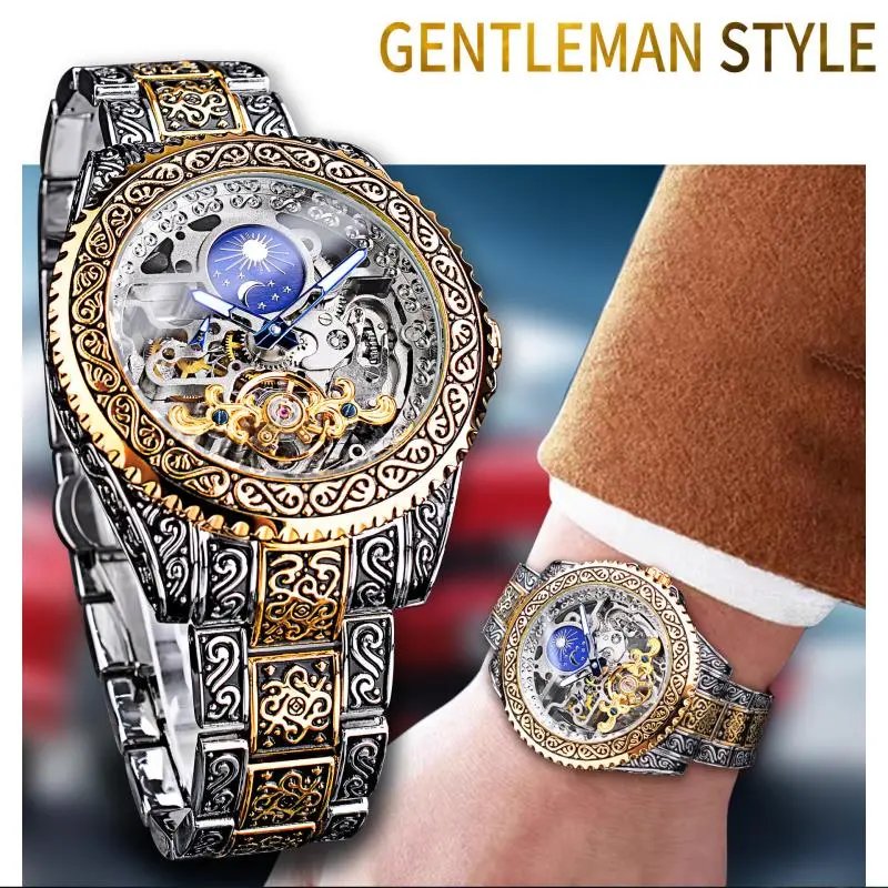 Design Forsining Skeleton Moon Phase Mechanical Watch Gold Silver Blue Watches - 4