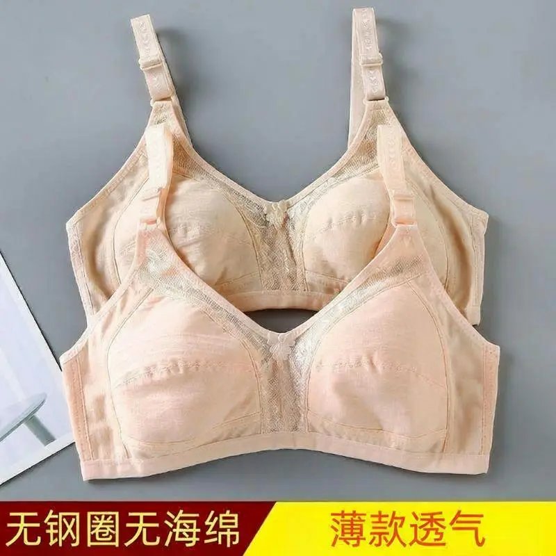 全罩杯棉质无钢圈文胸薄中年妈妈无海绵内衣女大码调整型蕾丝胸罩