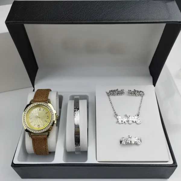 Design Horse Carriage Jewelry Set with Gold-Tone Watch and Brown Leather Strap - 1
