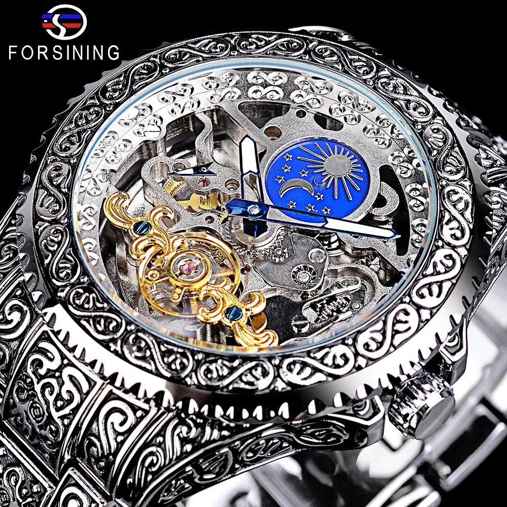 Design Forsining Skeleton Moon Phase Mechanical Watch Gold Silver Blue Watches - 14